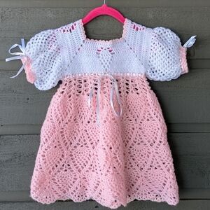 Handmade White and Pink Crochet Baby Dress Scalloped Ribbon